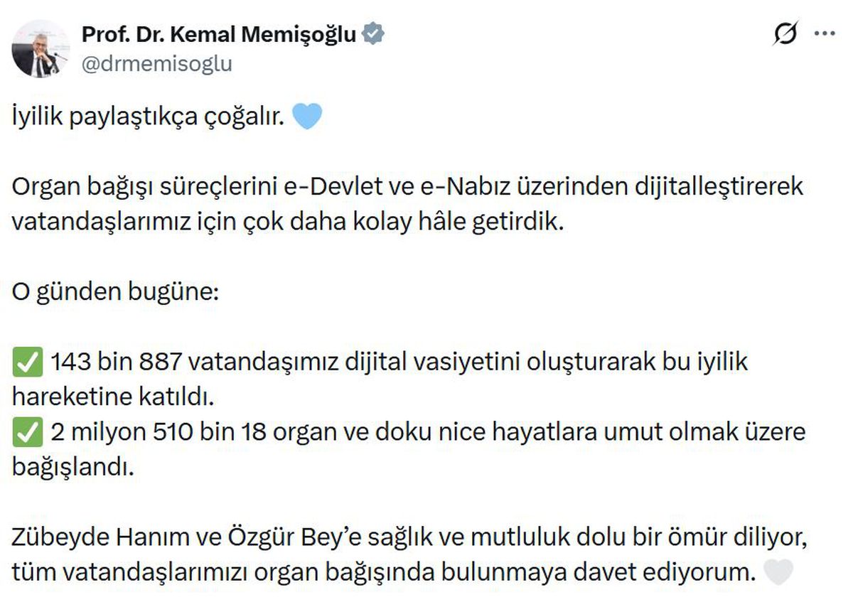 Sağlık Bakanı Memişoğlu: Organ bağışında dijital dönem, 143 bin 887 vatandaş katıldı