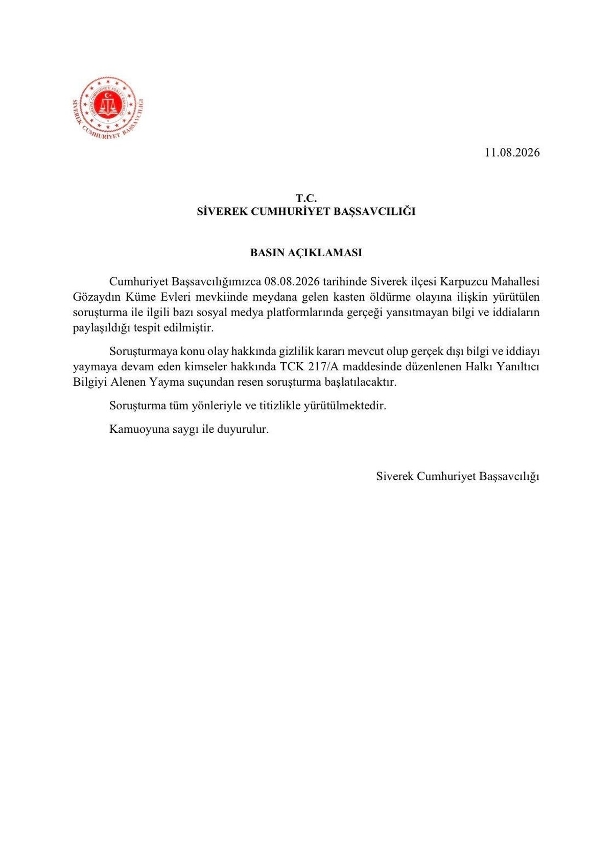 Siverek Cumhuriyet Başsavcılığı'ndan kasten öldürme olayıyla ilgili açıklama