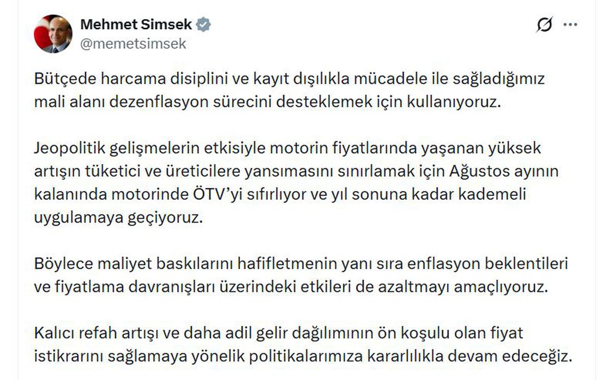 Bakan Şimşek: Motorinde ÖTV Ağustos Sonuna Kadar Sıfırlandı