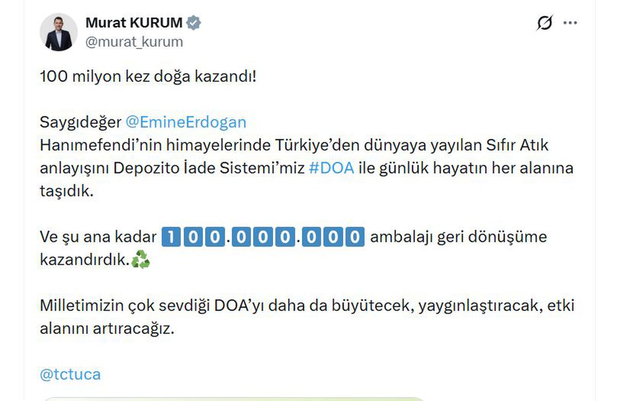 DOA Sistemi 100 Milyon Ambalajı Geri Dönüşüme Kazandırdı