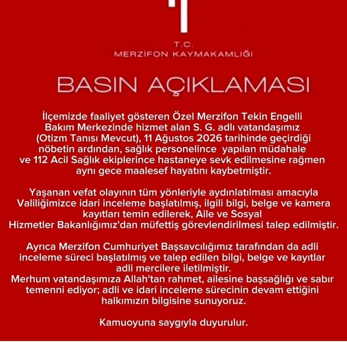 Otizmli 32 yaşındaki vatandaşın ölümünde inceleme başlatıldı