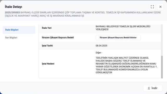 Cancellation date and official cancellation reason of the tender numbered 2025/295003 in EKAP.