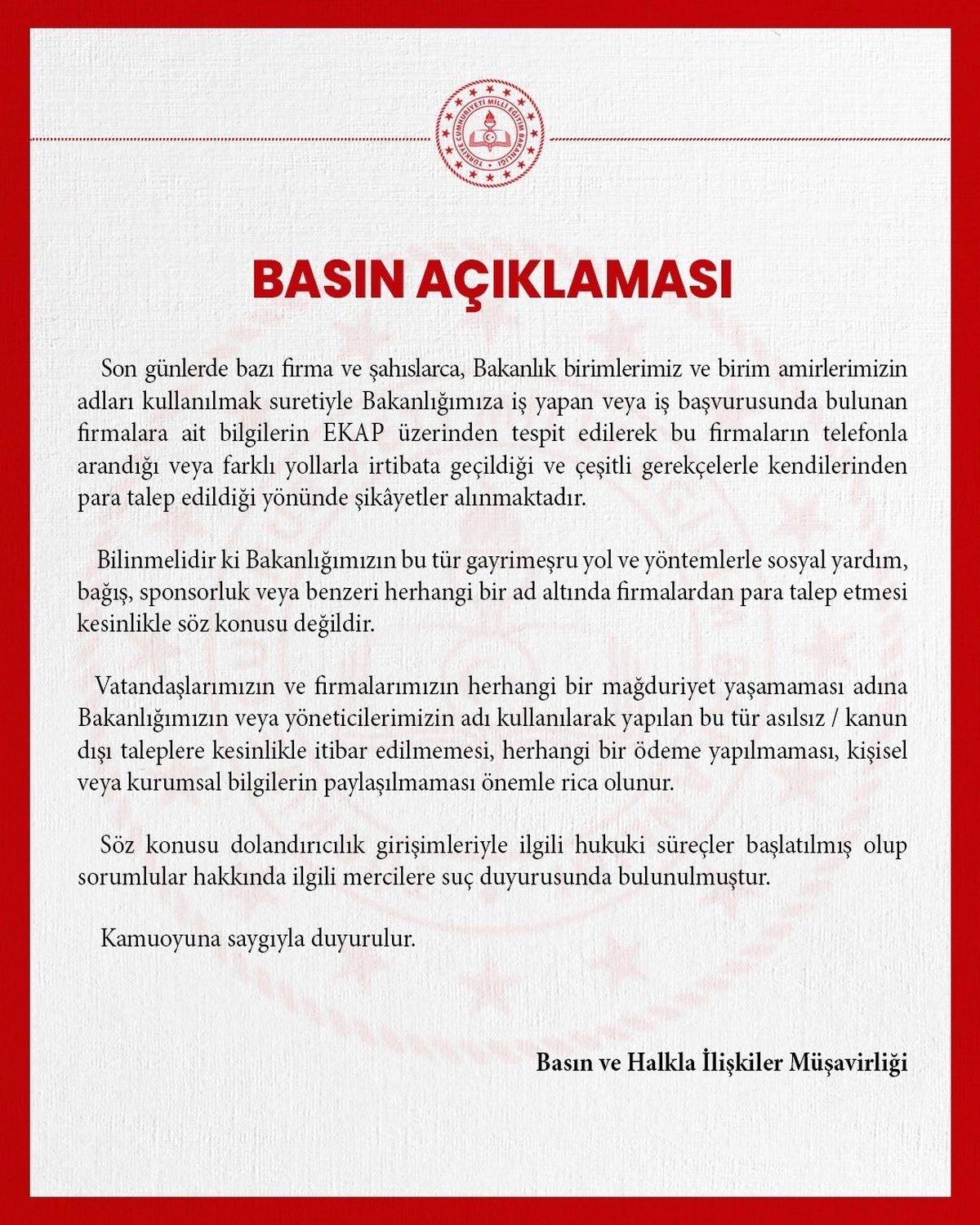 MEB dolandırıcılık uyarısı: Para taleplerine itibar etmeyin