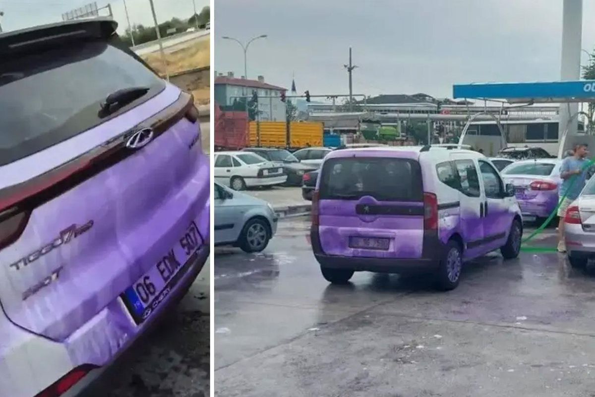 Afyonkarahisar'da bir garip yol: Kullanan araçlar mora boyandı