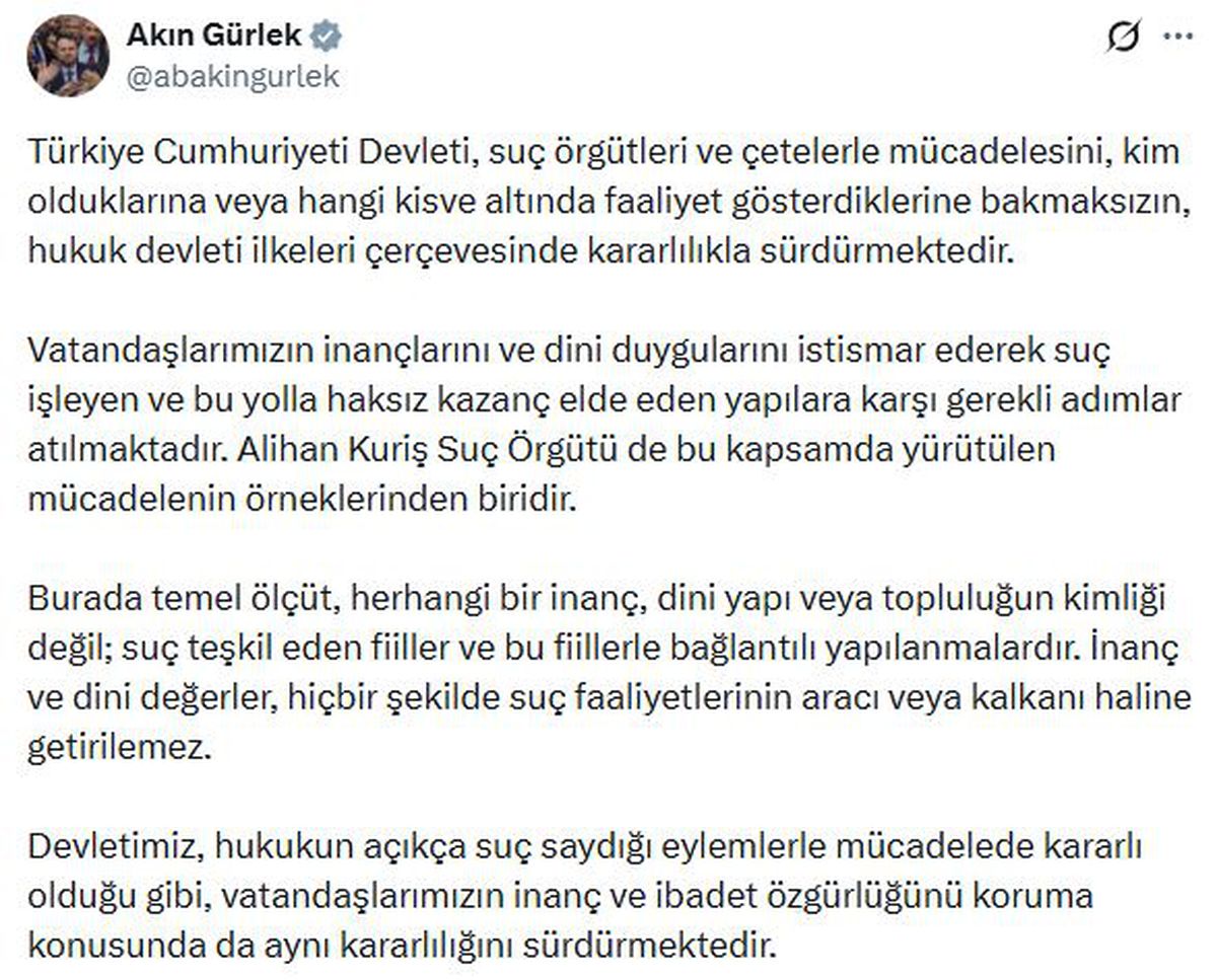 Adalet Bakanı Gürlek: Dini istismar ederek suç işleyen yapılara karşı mücadele sürecek