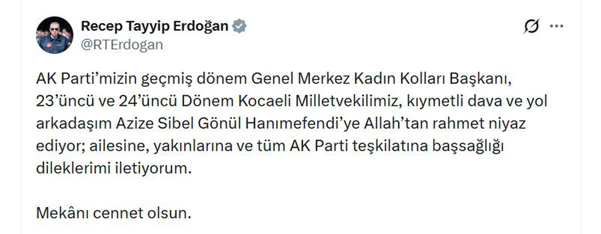 Erdoğan'dan Azize Sibel Gönül için taziye mesajı