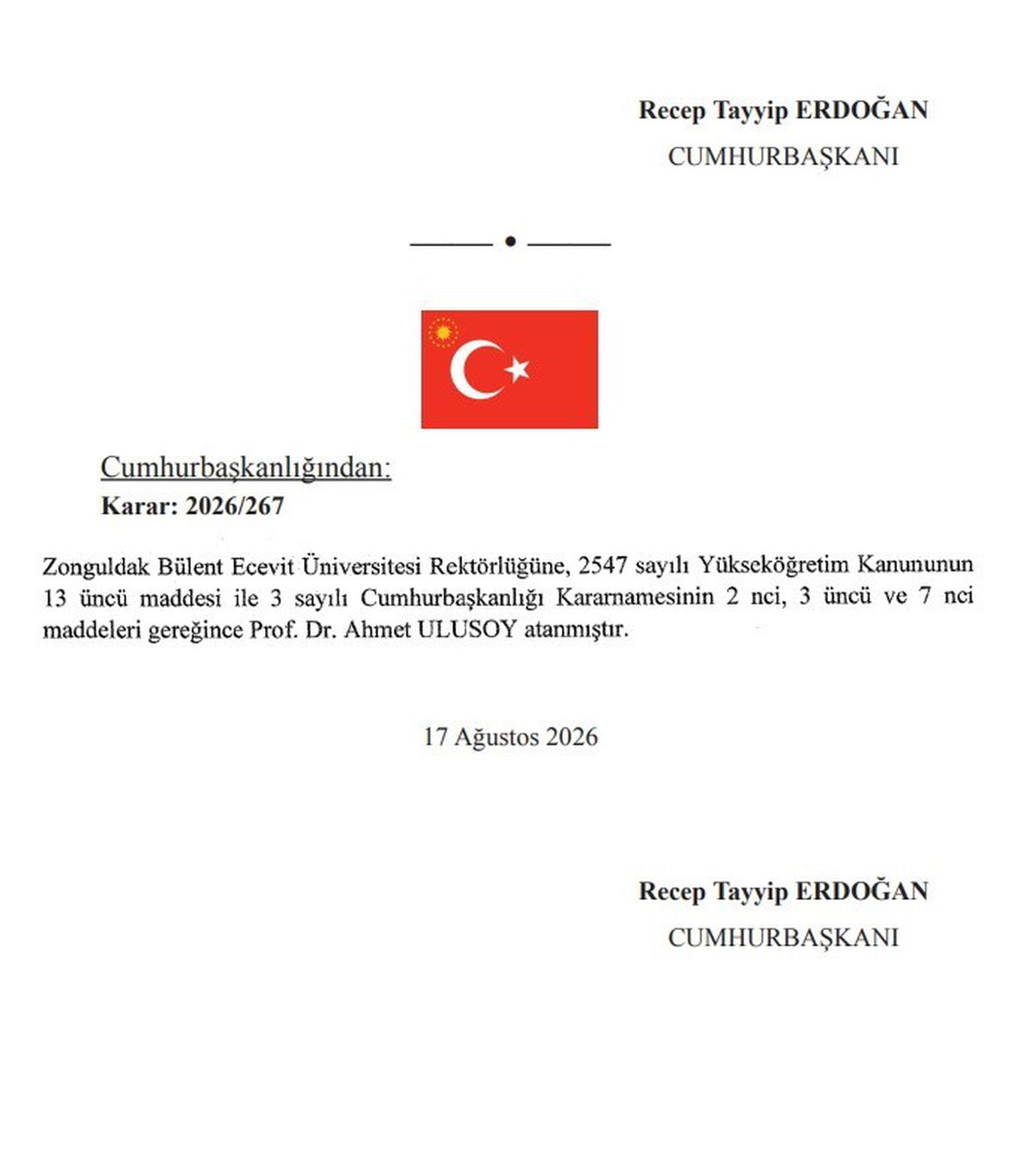 Zonguldak Bülent Ecevit Üniversitesi'ne Yeni Rektör Atandı