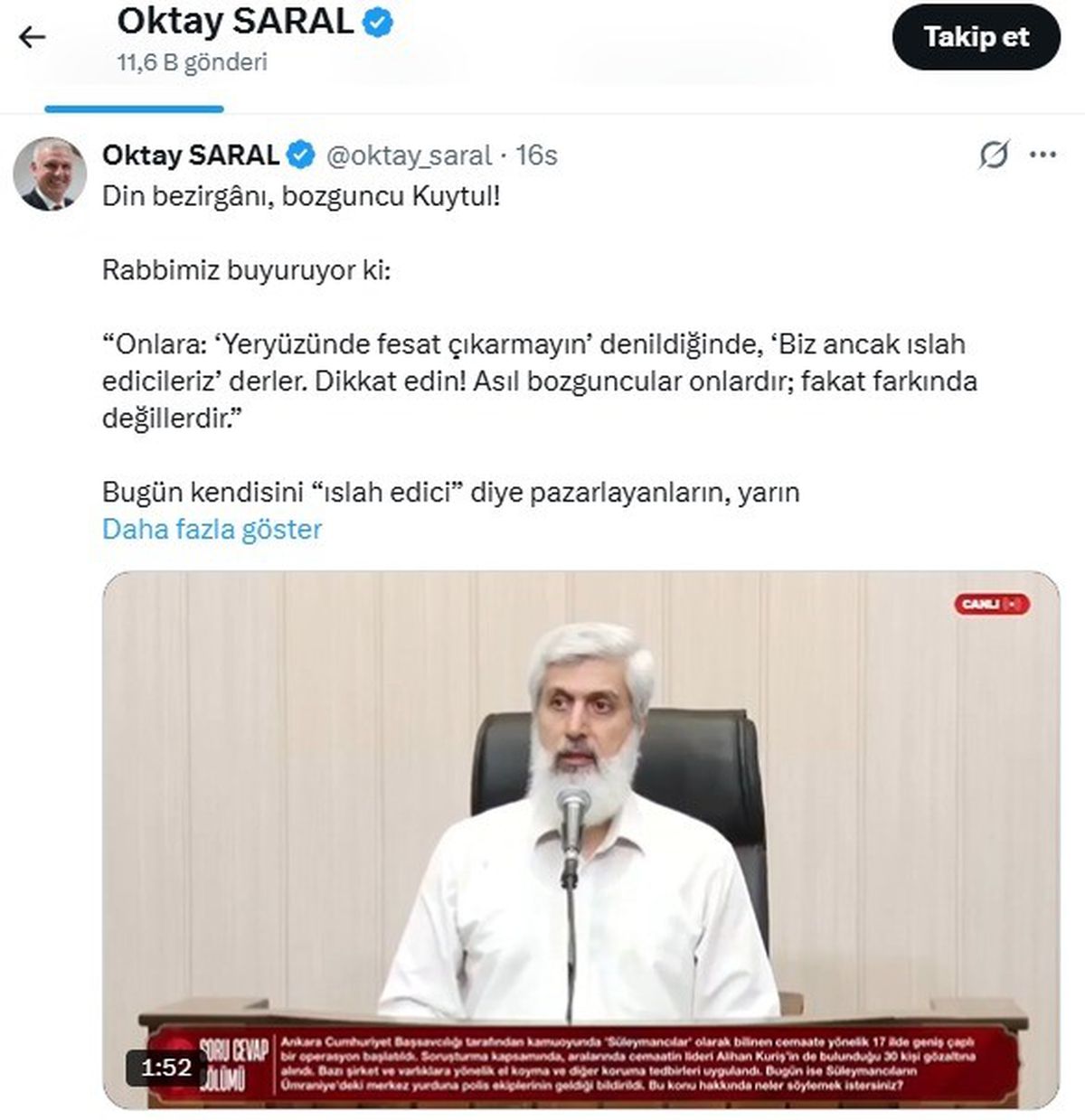 Saral'dan Kuytul'a sert tepki: Sıra sana da gelecek