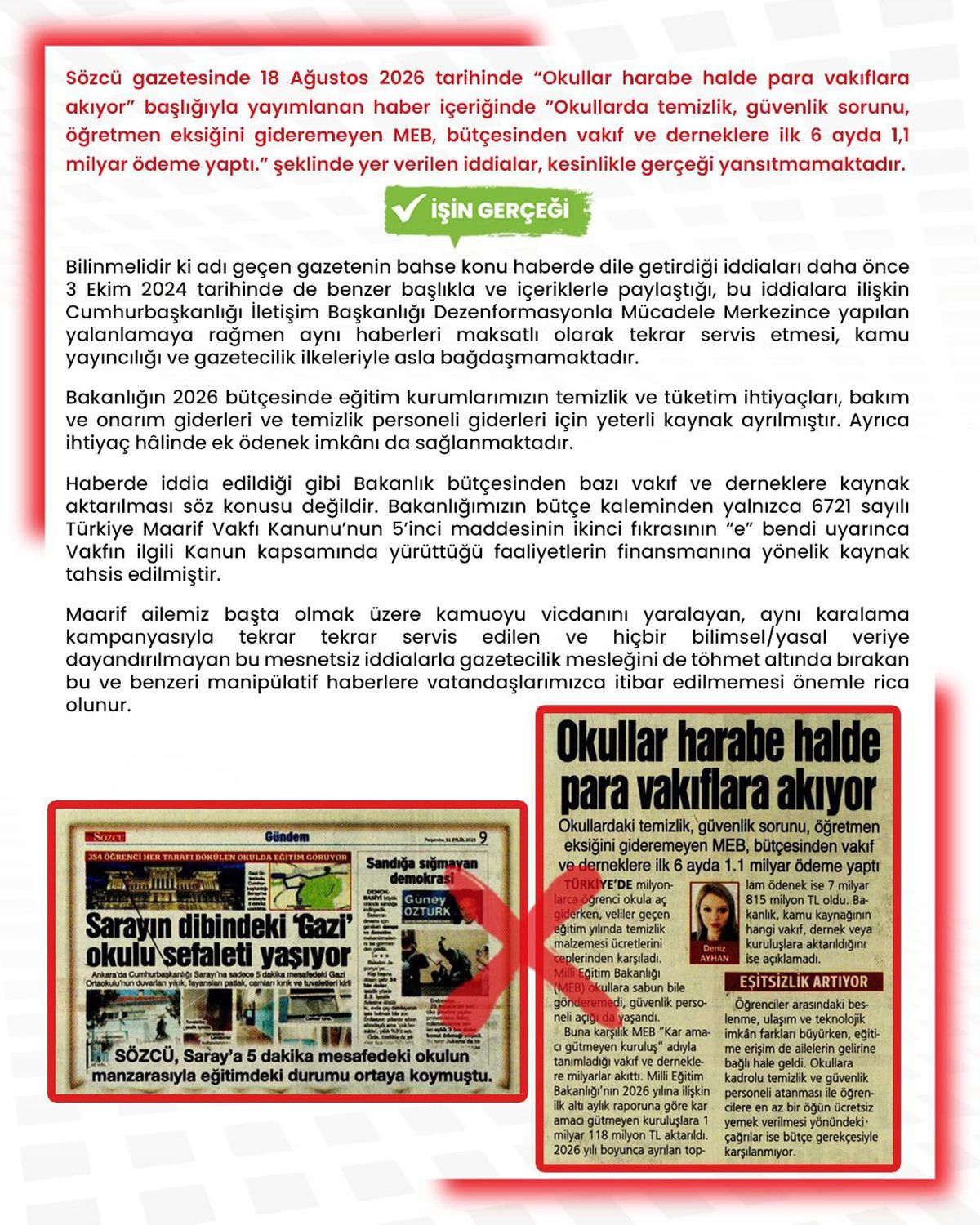 MEB'den 'vakıflara 1,1 milyar ödeme' iddiasına yalanlama