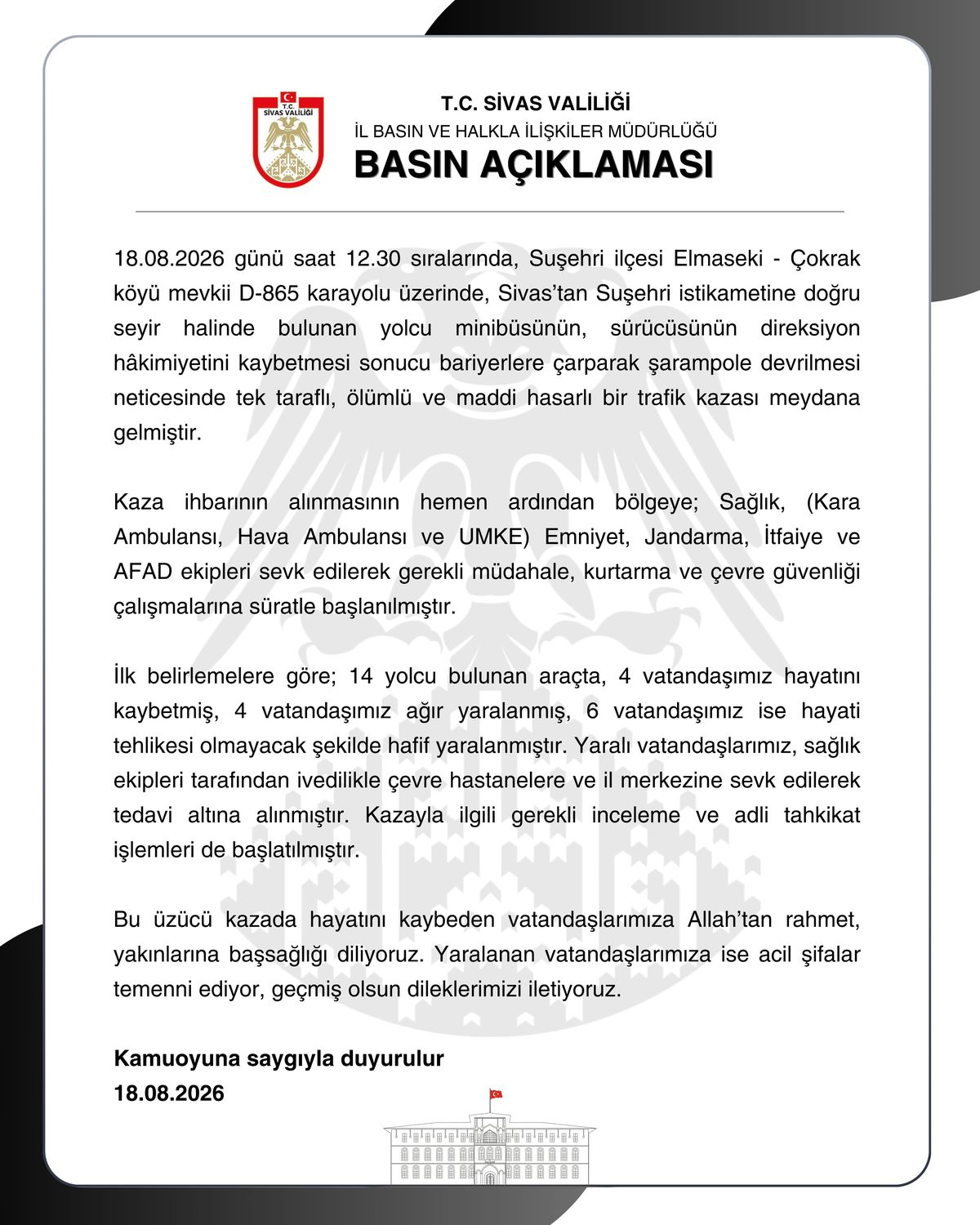 Sivas'ta Minibüs Kazası: 4 Ölü, 10 Yaralı