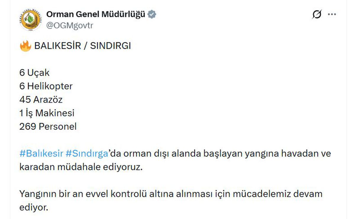 OGM: Balıkesir Sındırgı’daki yangına 6 uçak, 6 helikopter ve 269 personel ile müdahale ediyoruz