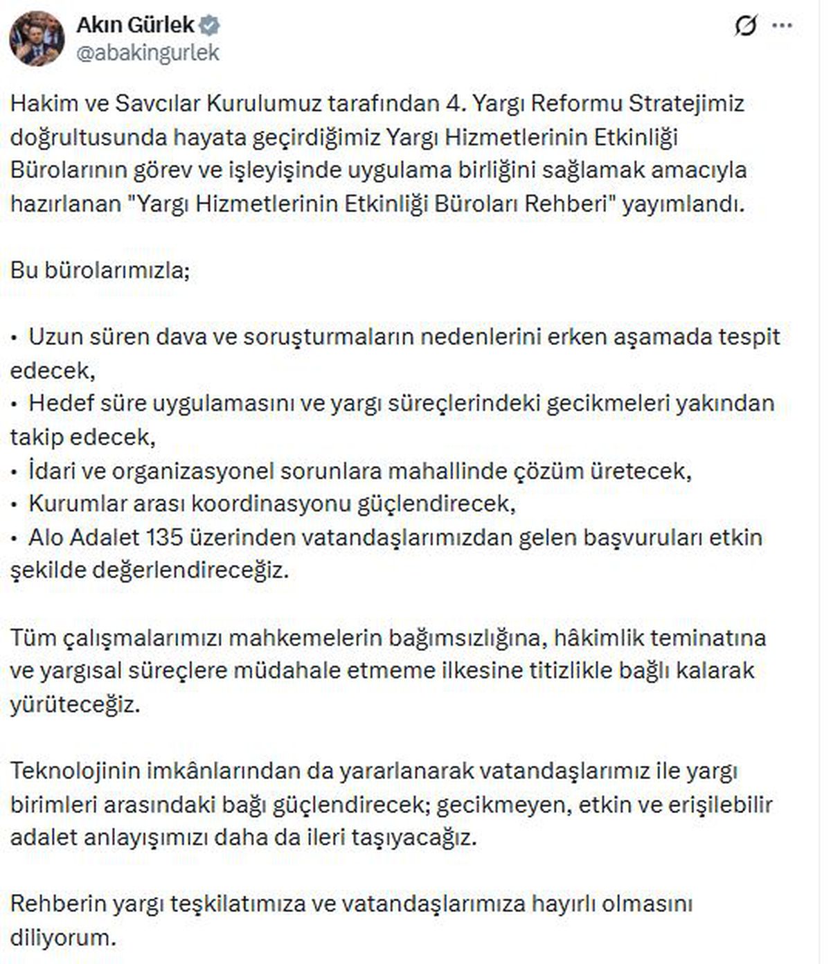 Adalet Bakanı Gürlek: 'Yargı Hizmetlerinin Etkinliği Büroları Rehberi' yayımlandı