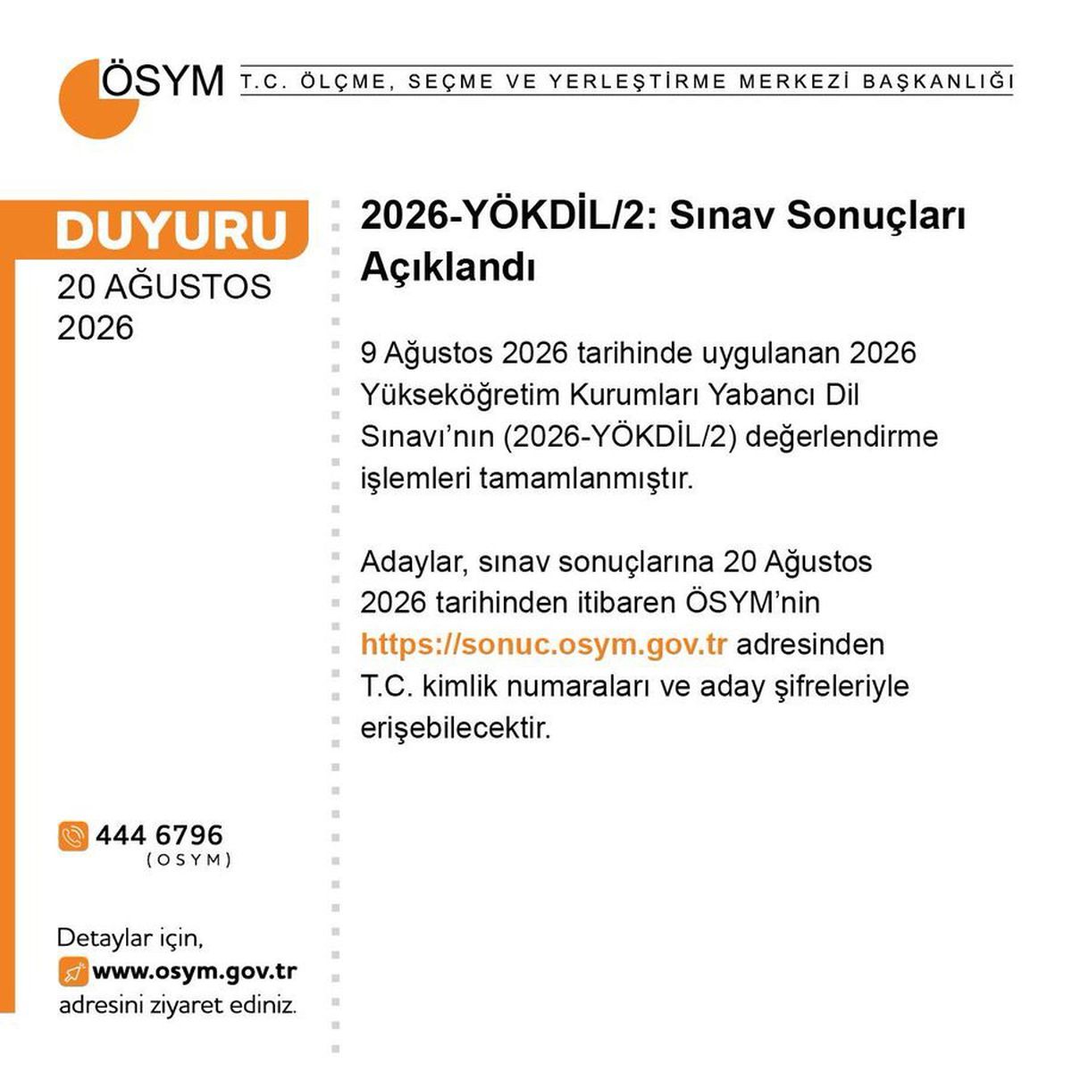 ÖSYM, 2026-YÖKDİL/2 Sonuçlarını Açıkladı