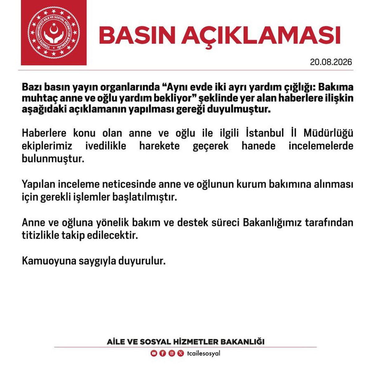 Bakanlık açıkladı: Bakıma muhtaç anne ve oğlu kurum bakımına alınıyor