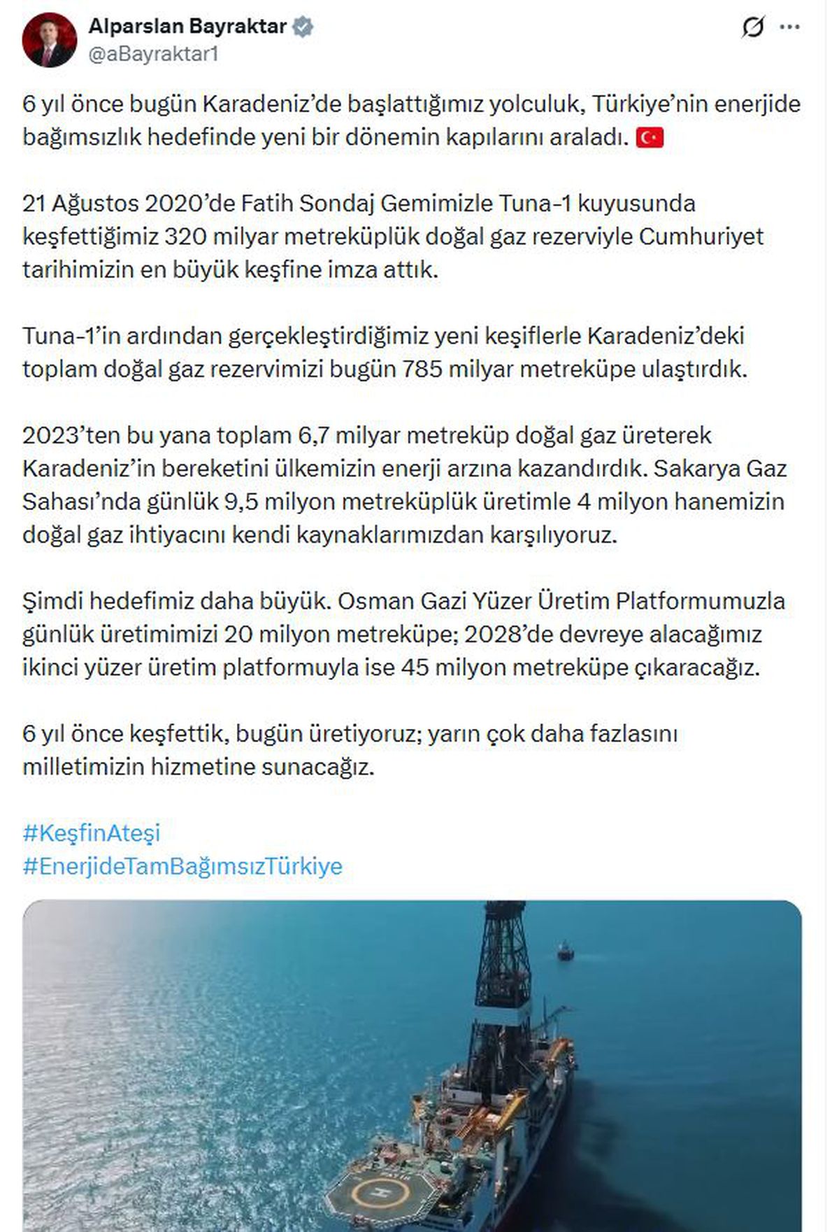 Karadeniz’de doğal gaz rezervi 785 milyar metreküpe ulaştı