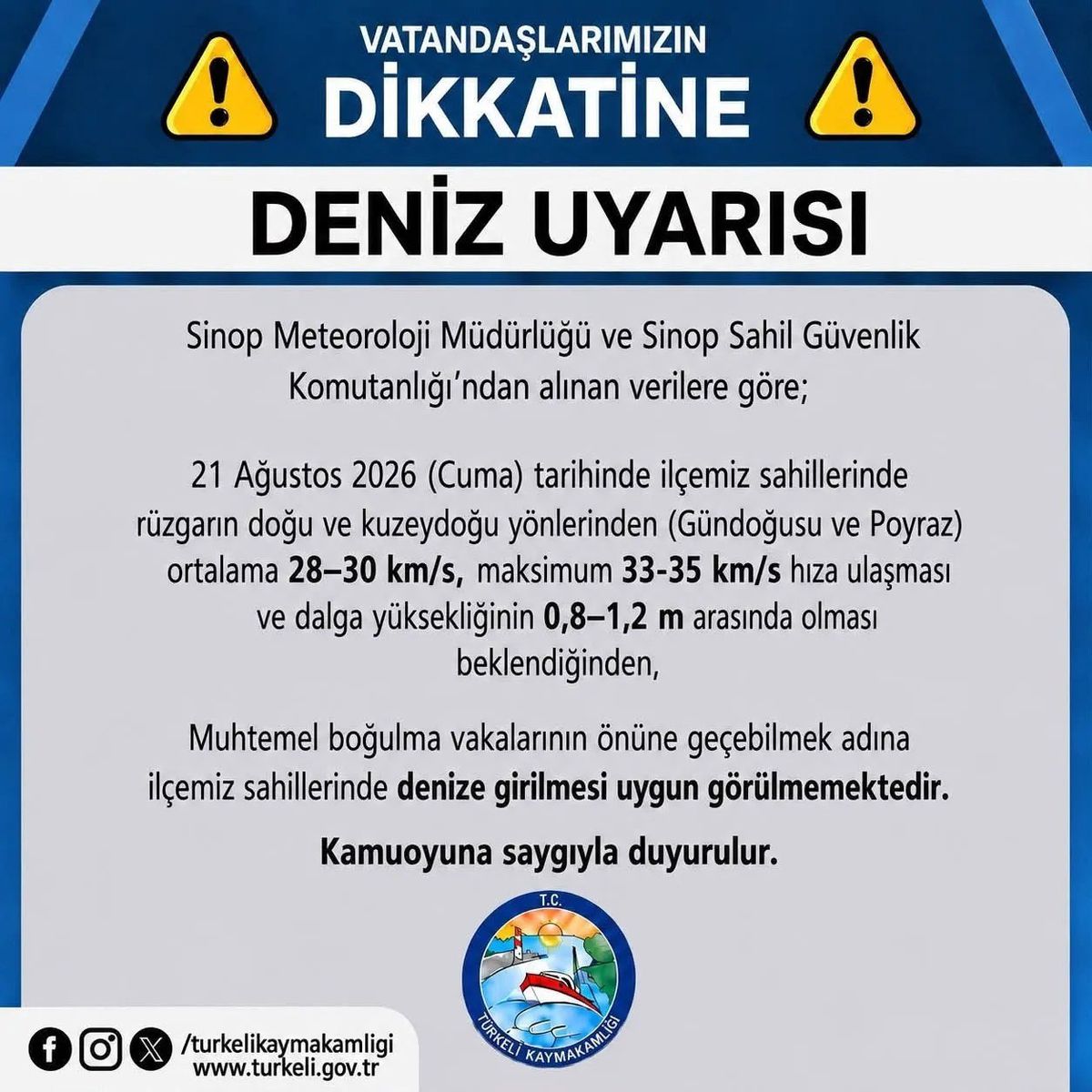 Sinop Türkeli’nde Kuvvetli Rüzgar Uyarısı: Denize Girmeyin