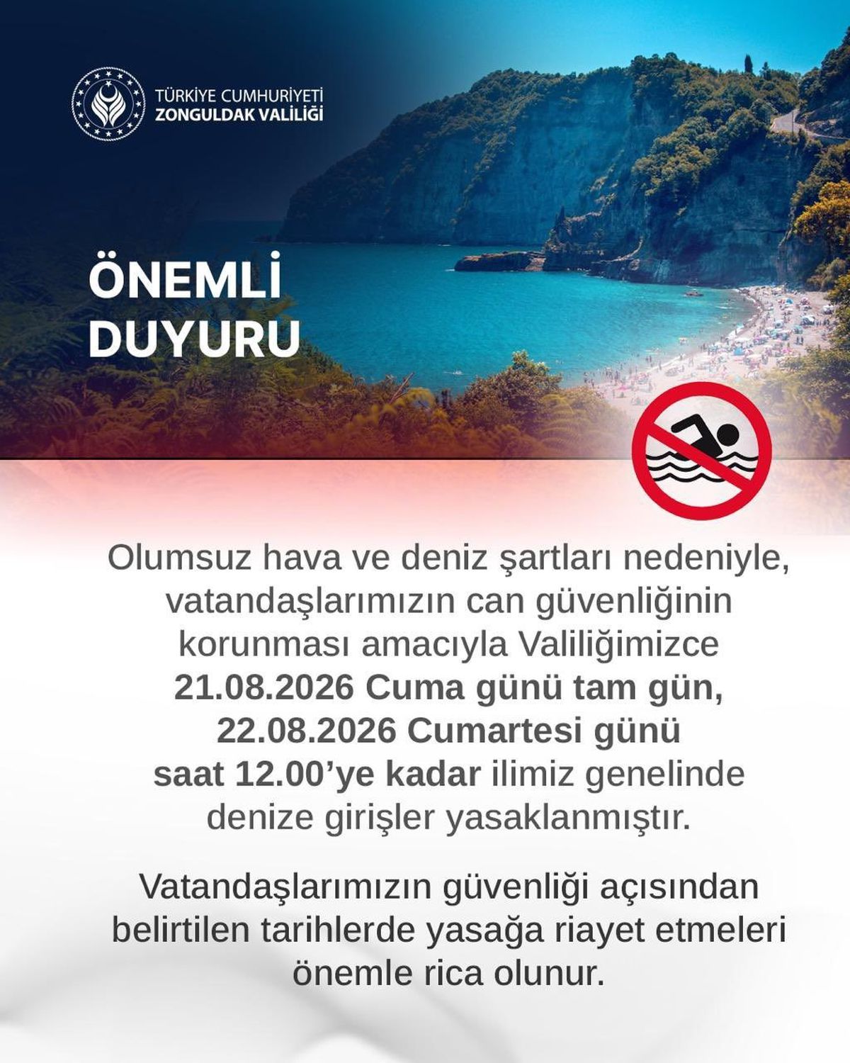 Zonguldak’ta iki gün boyunca denize girişler yasaklandı