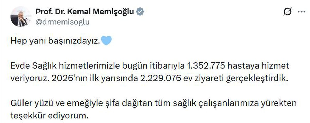 Bakan Memişoğlu: Evde sağlık hizmeti 1 milyon 352 bin hastaya ulaştı
