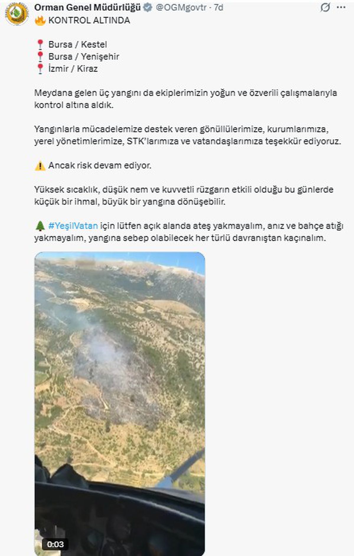 Bursa ve İzmir'deki orman yangınları kontrol altına alındı