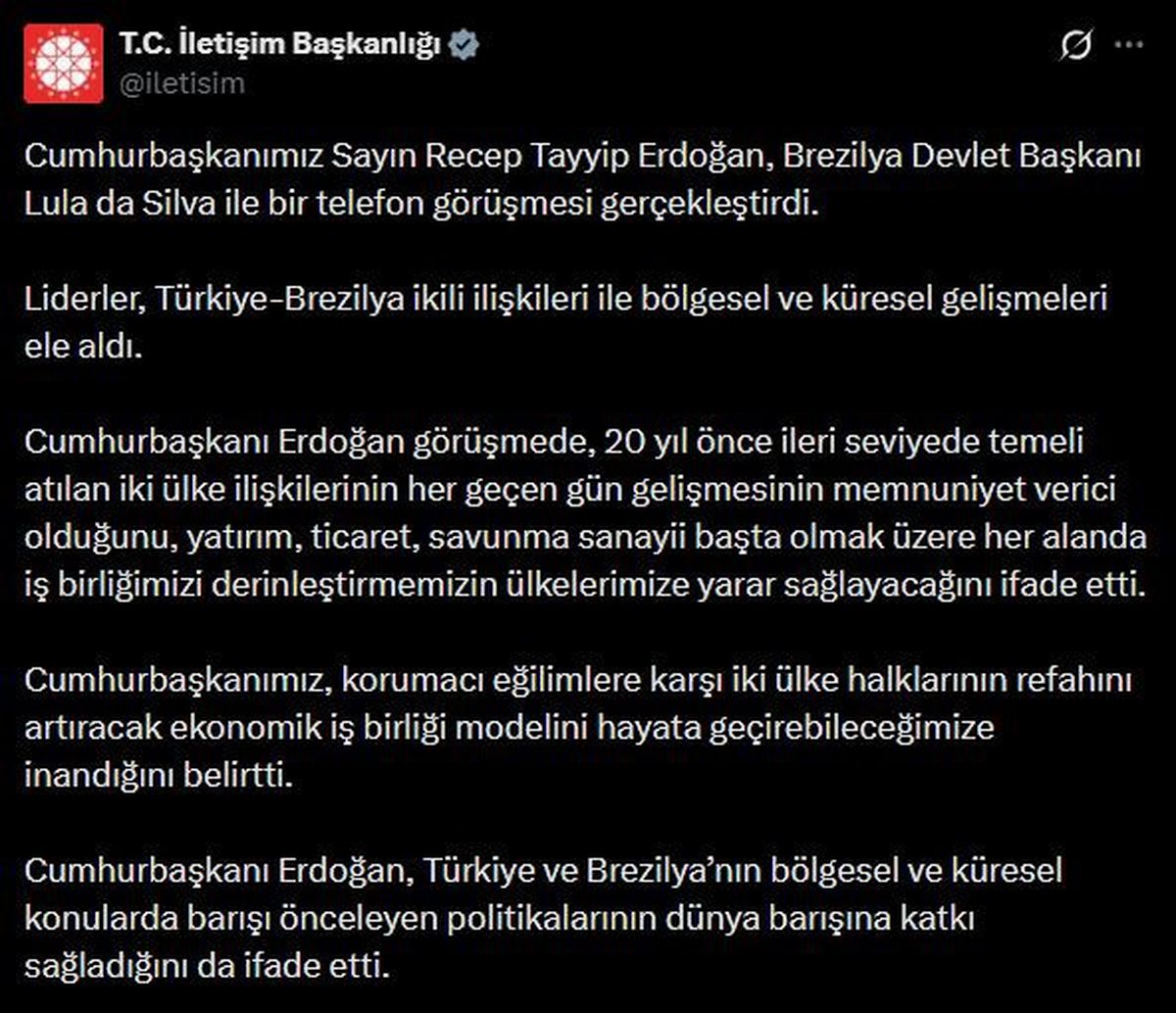 Erdoğan ve Lula da Silva Telefon Görüşmesi: İkili İlişkiler ve Küresel İş Birliği Ele Alındı