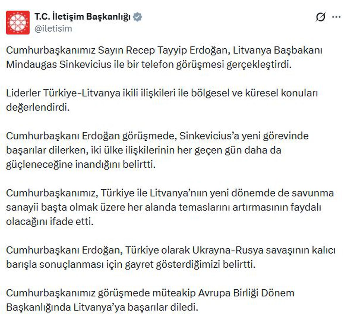 Cumhurbaşkanı Erdoğan, Litvanya Başbakanı Sinkevicius ile görüştü
