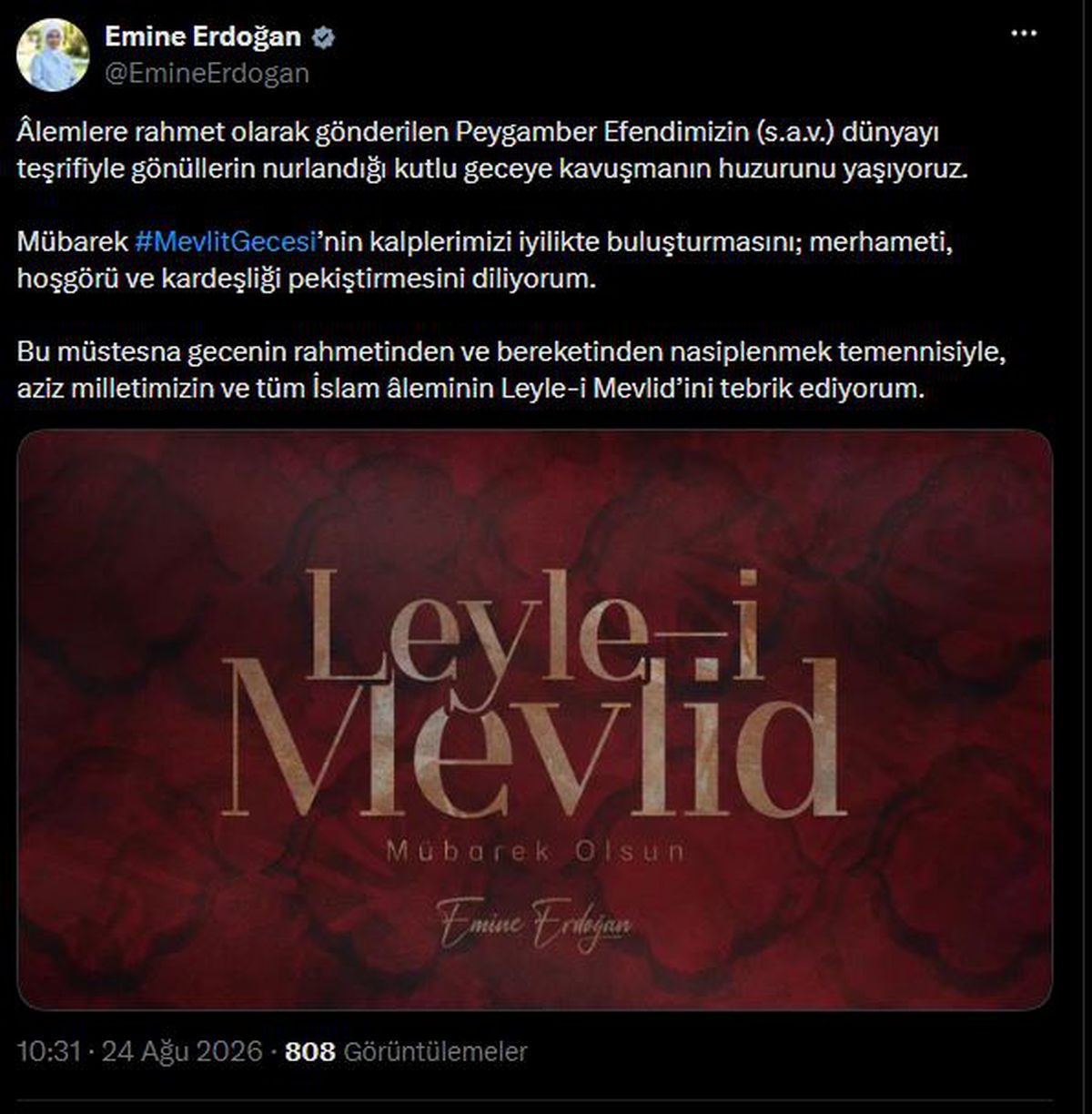Emine Erdoğan'dan Mevlit Kandili Mesajı
