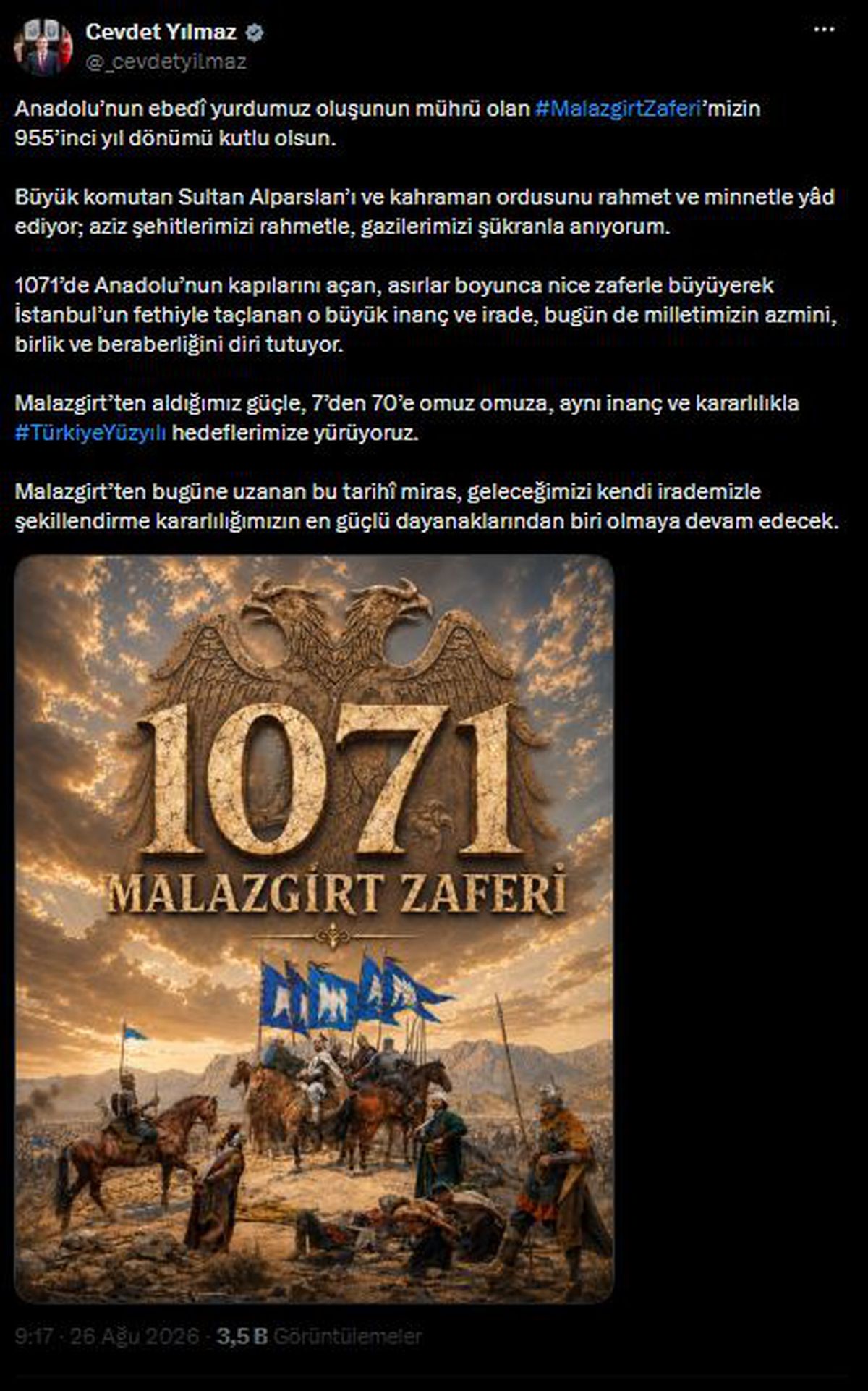 Cumhurbaşkanı Yardımcısı Yılmaz: Malazgirt Zaferi'nin 955. Yıl Dönümü Kutlu Olsun