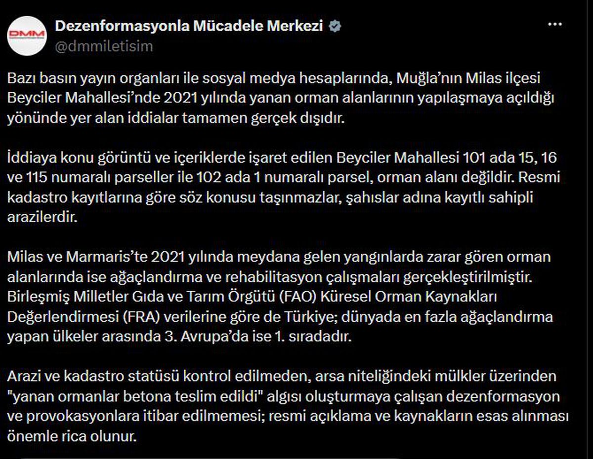 DMM'den Milas'taki yangın alanları iddiasına yalanlama