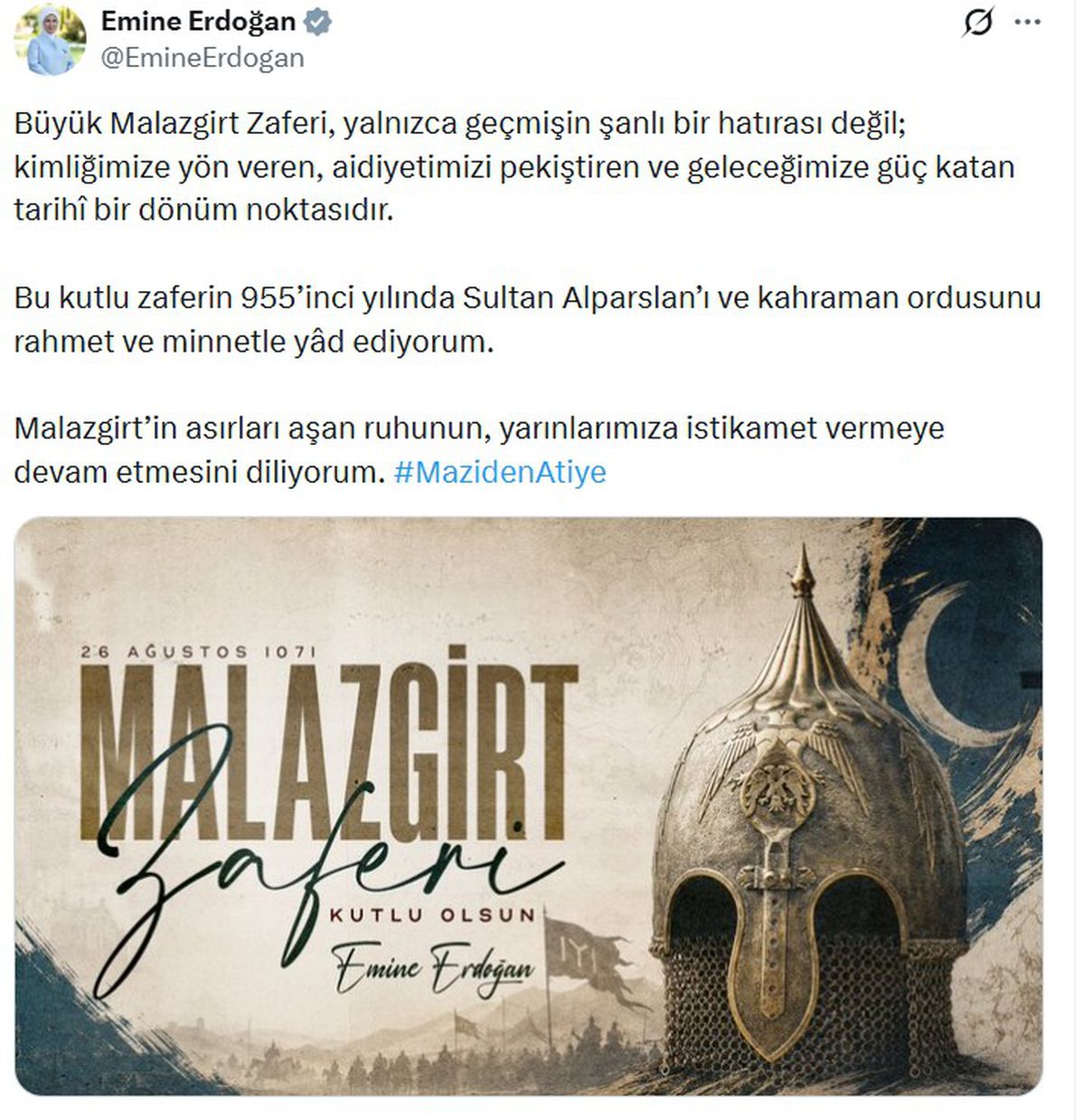 Emine Erdoğan'dan Malazgirt Zaferi Paylaşımı