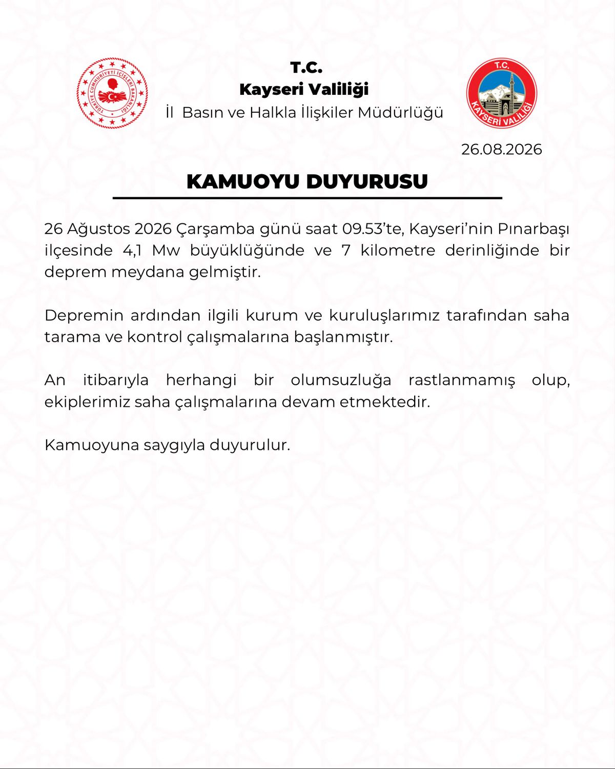 Kayseri Pınarbaşı'nda 4.1 Büyüklüğünde Deprem