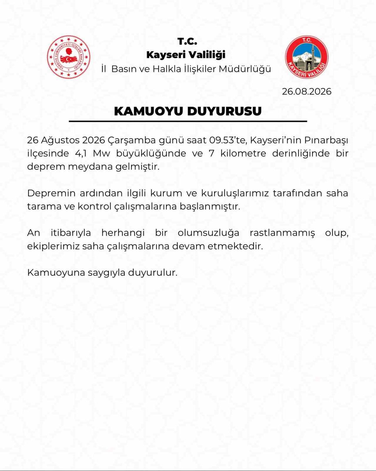 Kayseri'de 4.1 Büyüklüğünde Deprem: Olumsuzluk Yok