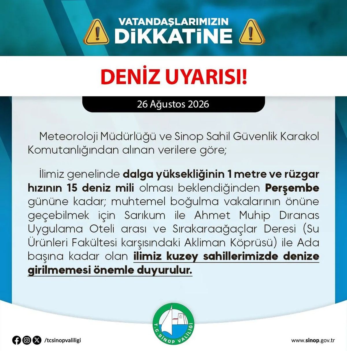 Sinop'ta Deniz Uyarısı: Kuzey Sahillerinde Denize Girmeyin