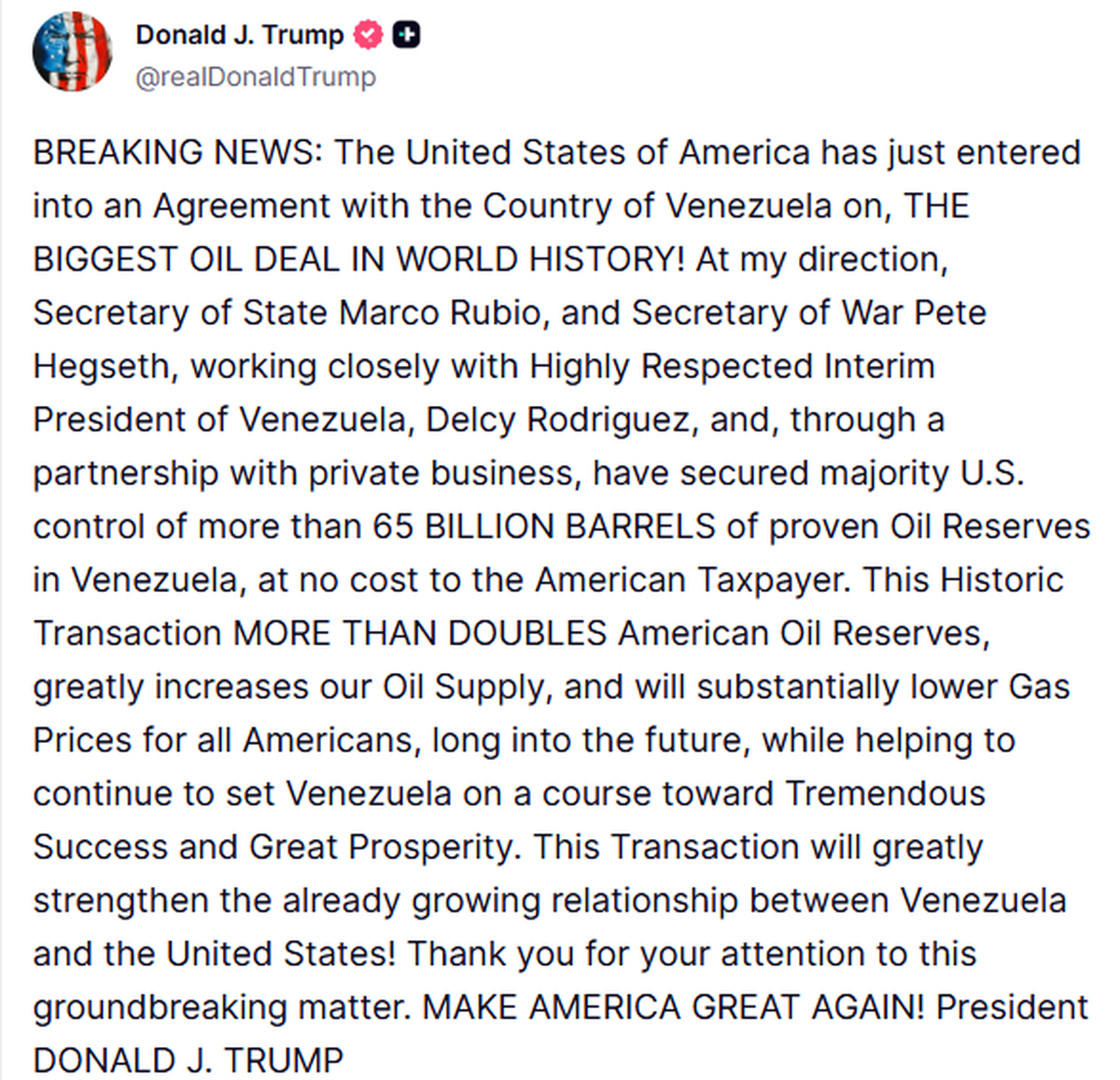 Trump: Venezuela ile dünya tarihinin en büyük petrol anlaşmasına vardık