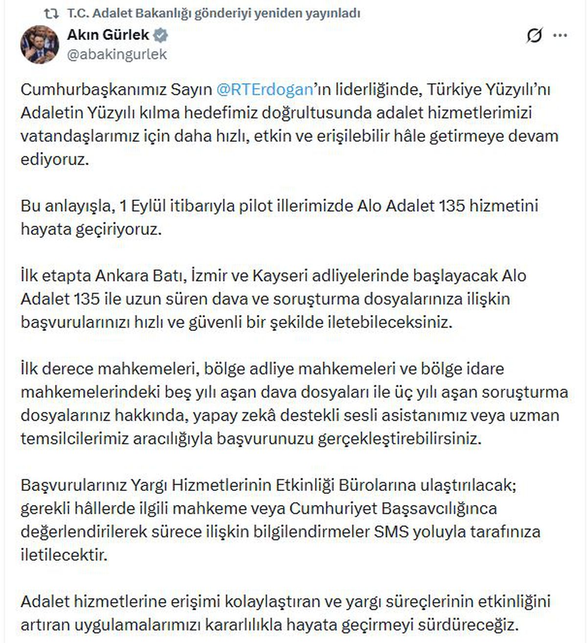 Alo Adalet 135 hizmeti 1 Eylül'de pilot illerde başlıyor