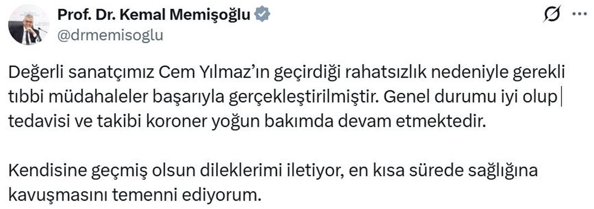 Bakan Memişoğlu'ndan Cem Yılmaz'ın Sağlık Durumu Açıklaması