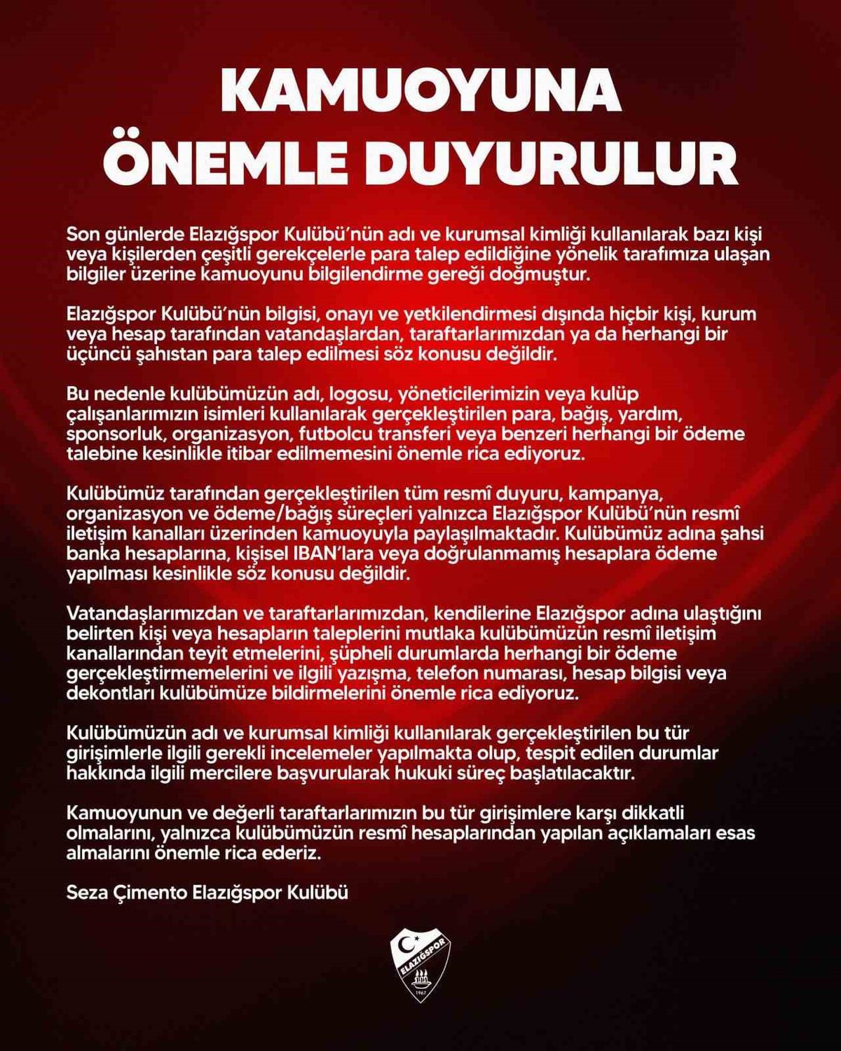 Elazığspor'dan Dolandırıcılık Uyarısı: 'Adımızı Kullanarak Para İstemeyin'