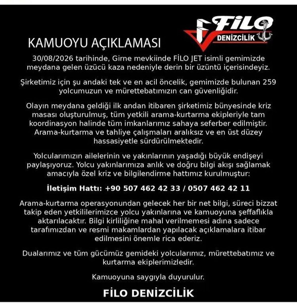 Filo Denizcilik’ten yolcu yakınlarına kriz hattı