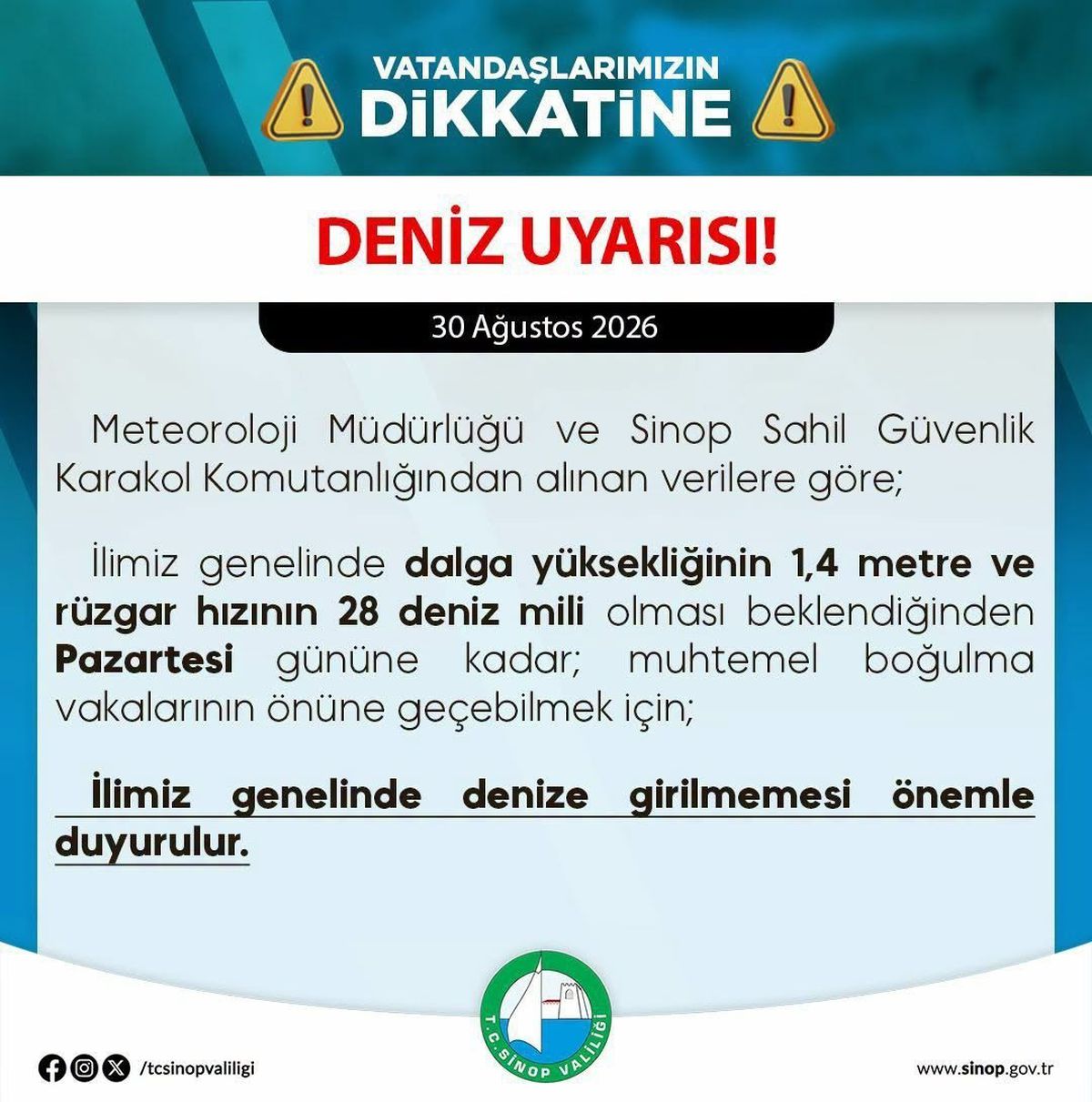 Sinop Valiliği'nden Deniz Uyarısı: 31 Ağustos'a Kadar Denize Girmeyin