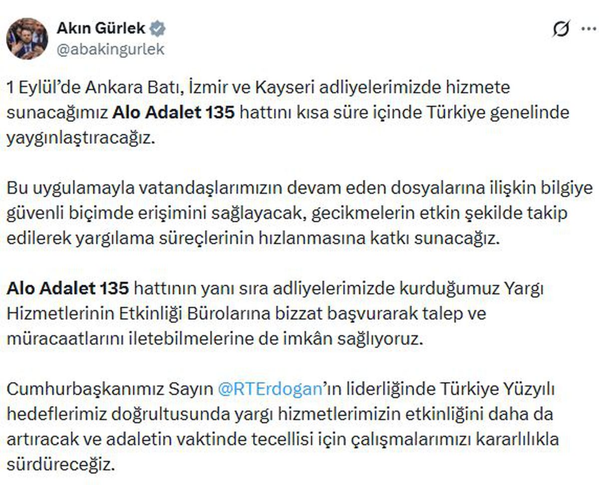 Adalet Bakanı Gürlek: 'Alo Adalet 135' hattı 1 Eylül'de üç ilde başlıyor