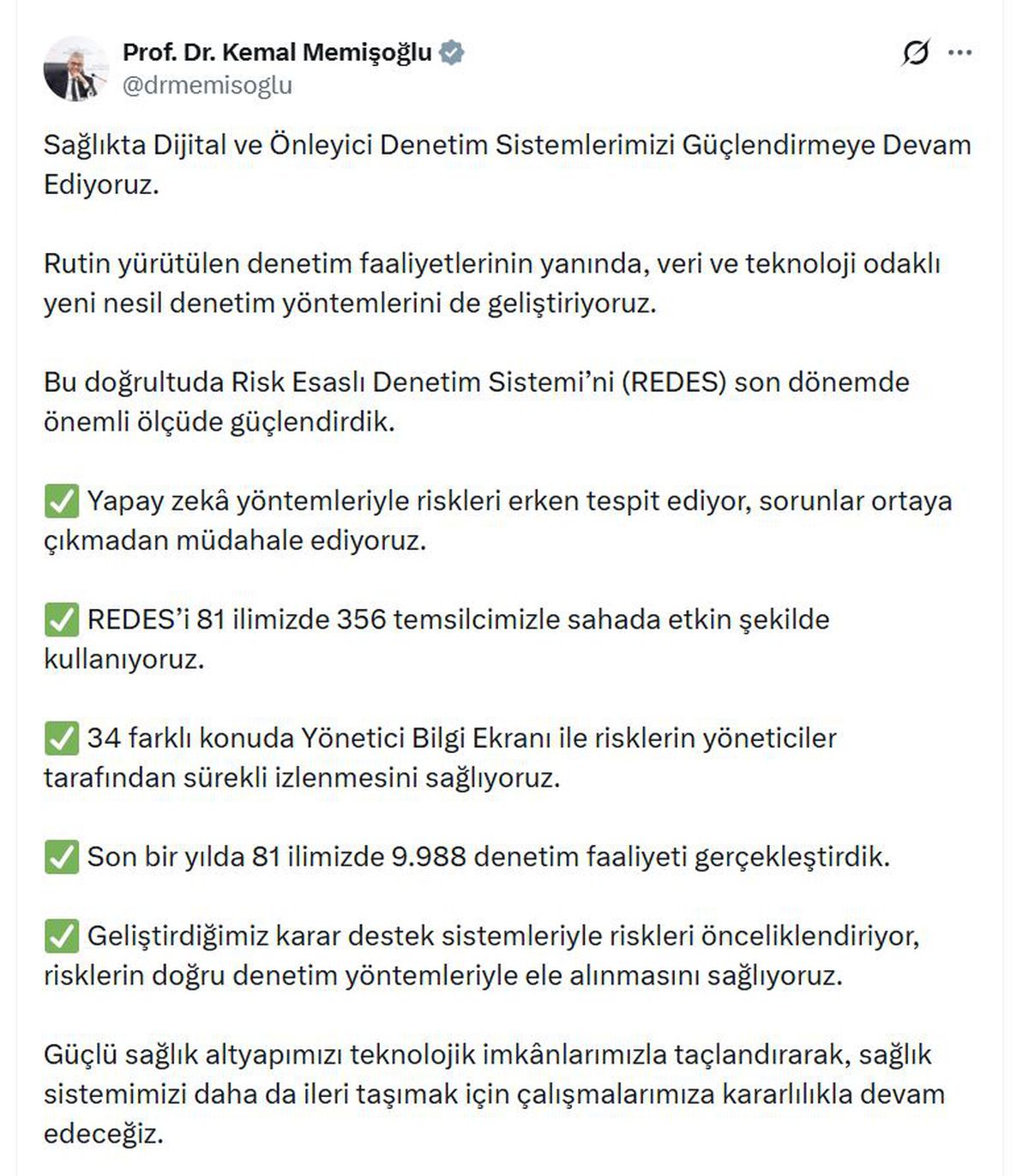 Sağlık Bakanı Memişoğlu: Son bir yılda 81 ilde 9 bin 988 denetim yapıldı