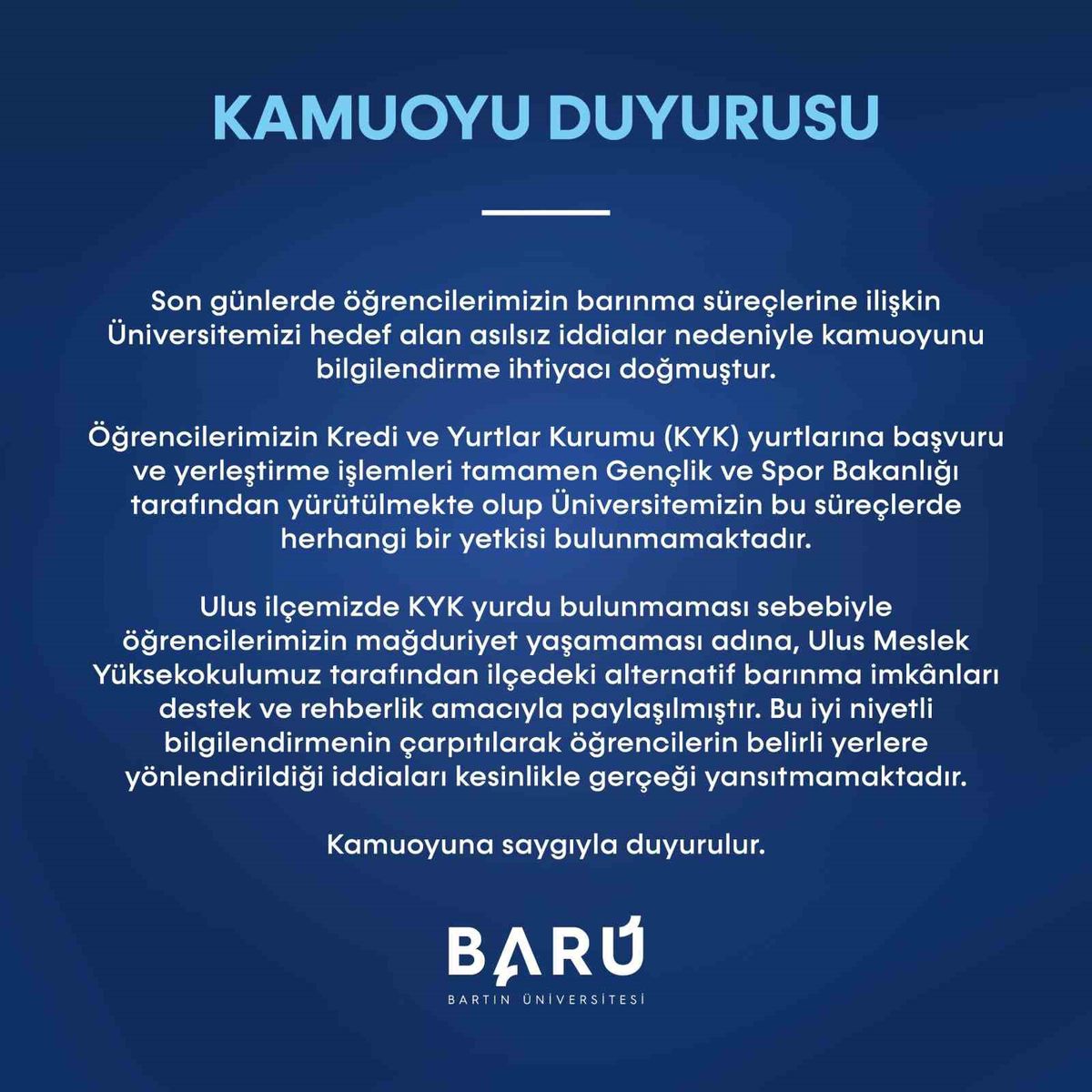 BARÜ'den barınma iddialarına yalanlama
