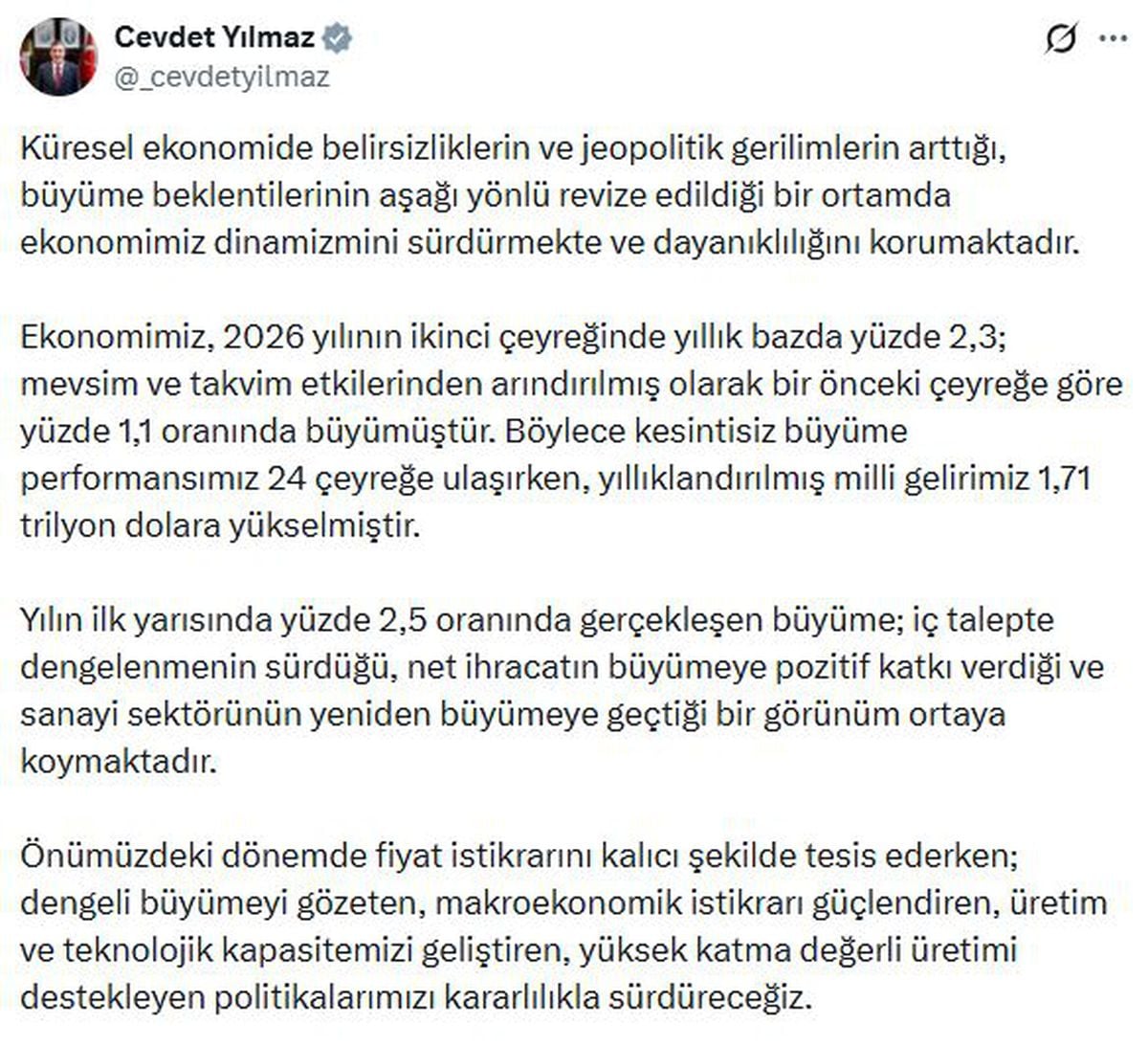 Cevdet Yılmaz: Türkiye ekonomisi küresel belirsizliklere karşı dayanıklılığını sürdürüyor