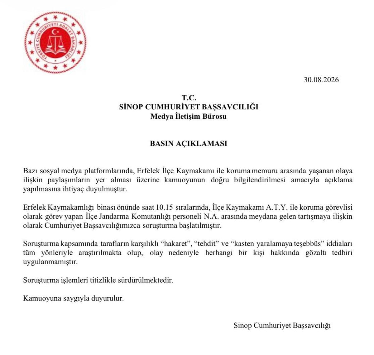 Erfelek Kaymakamı ile Koruma Görevlisi Arasındaki Tartışmada Soruşturma