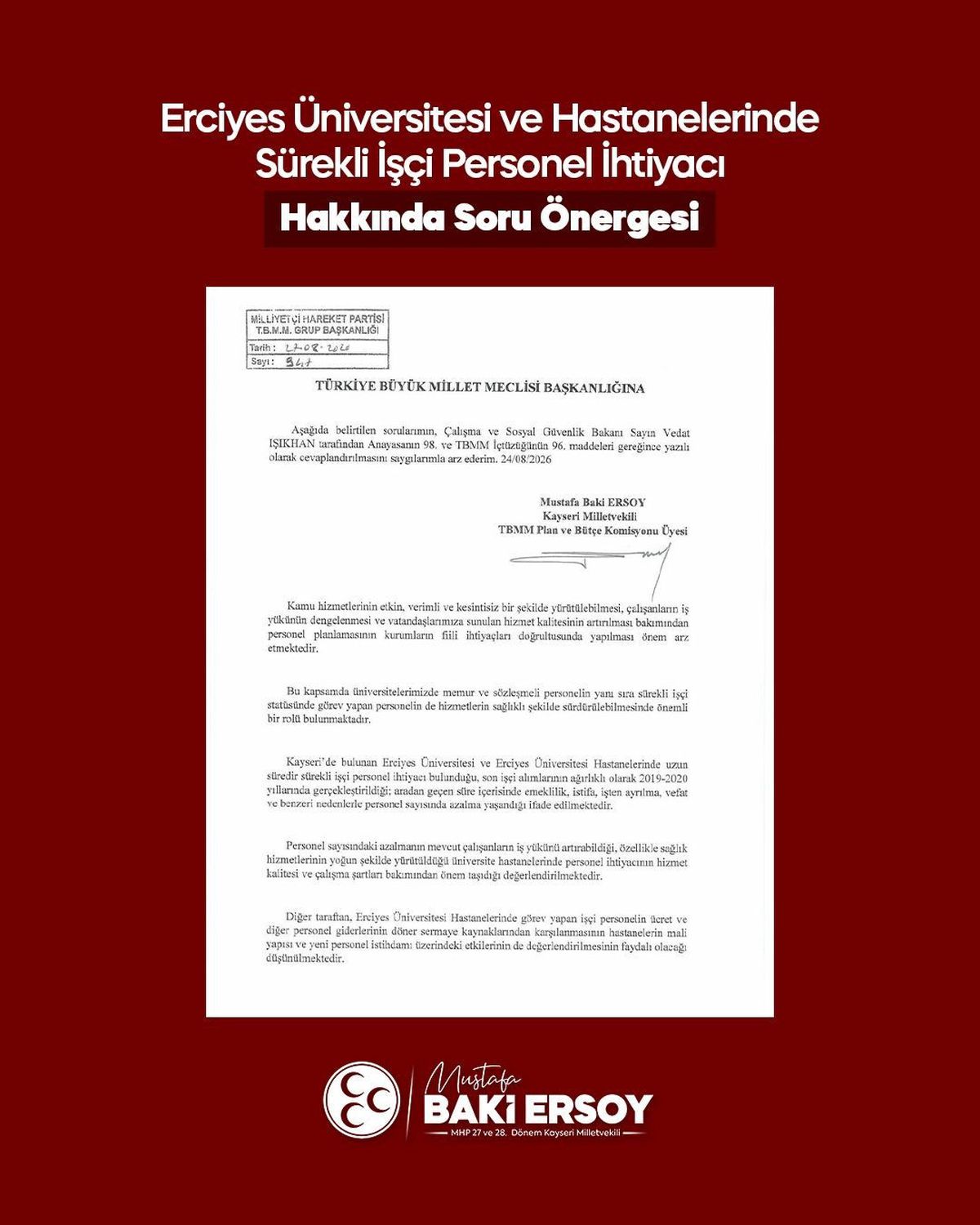 MHP'li Ersoy, Erciyes Üniversitesi'ndeki personel ihtiyacını TBMM gündemine taşıdı