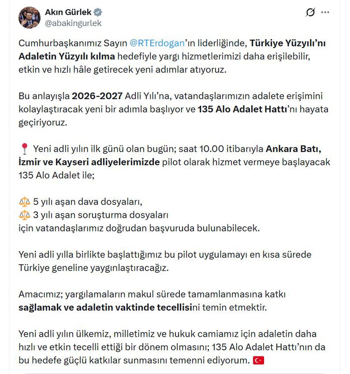 Adalet Bakanı Gürlek: 135 Alo Adalet Hattı pilot uygulamayla başlıyor