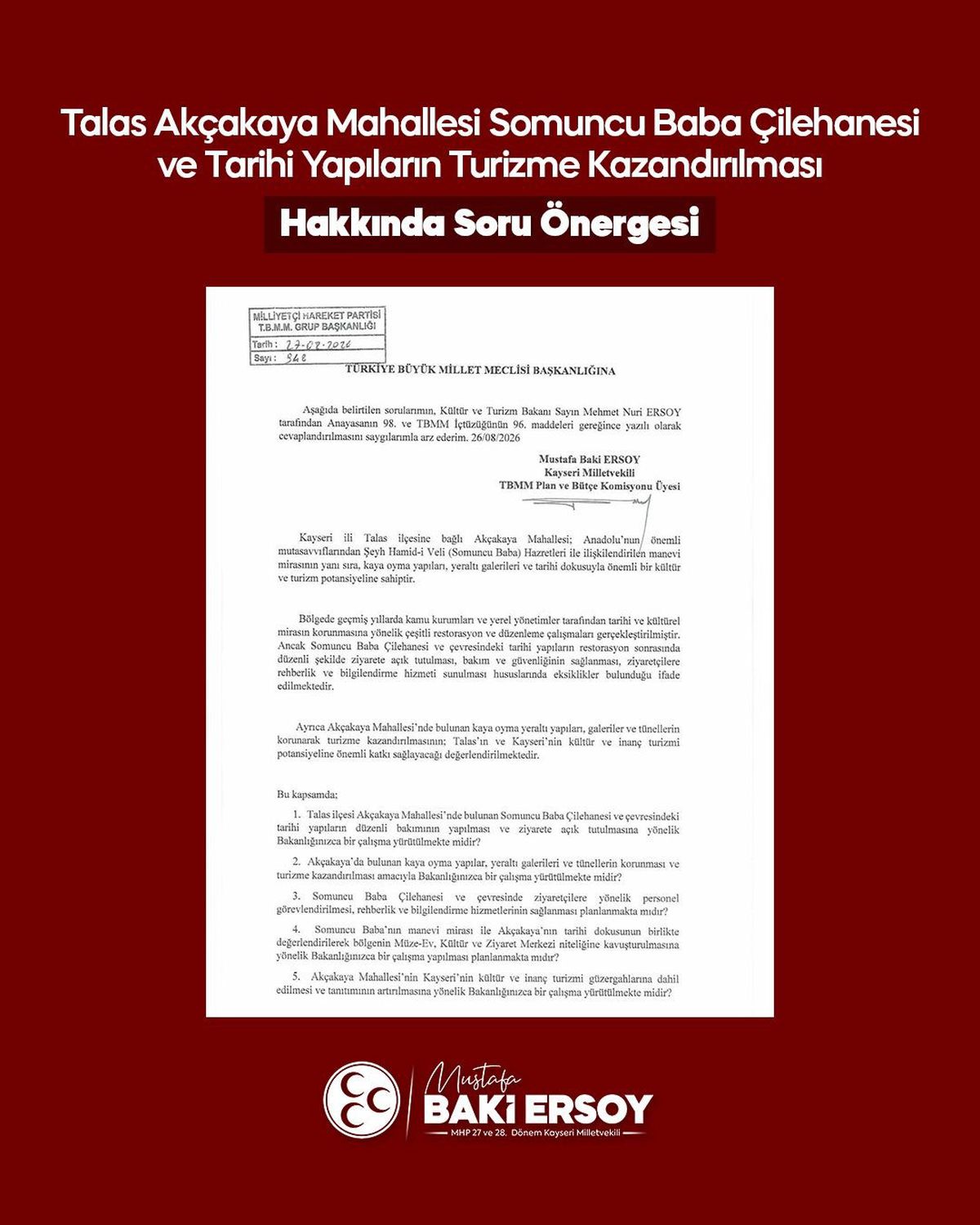 MHP’li Ersoy’dan Somuncu Baba Çilehanesi için TBMM’ye soru önergesi