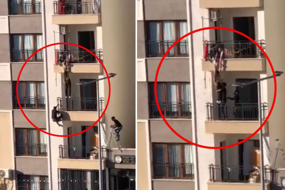 Balkondan düşmek üzere olan çocuğu korkuluklara tırmanarak kurtardı