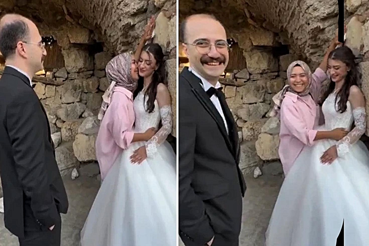 Düğün fotoğrafında şaşırtan anlar: Damattan önce fotoğrafçı öptü