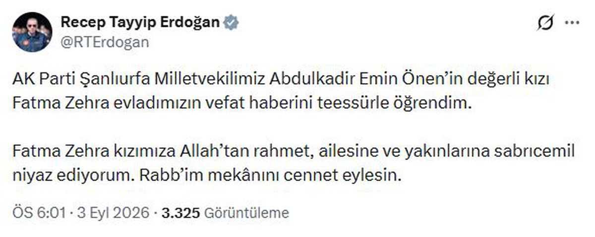 Cumhurbaşkanı Erdoğan'dan AK Partili Vekil Önen'in Kızı İçin Taziye Mesajı