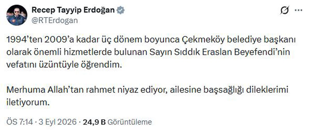 Erdoğan'dan Sıddık Eraslan için Taziye Mesajı